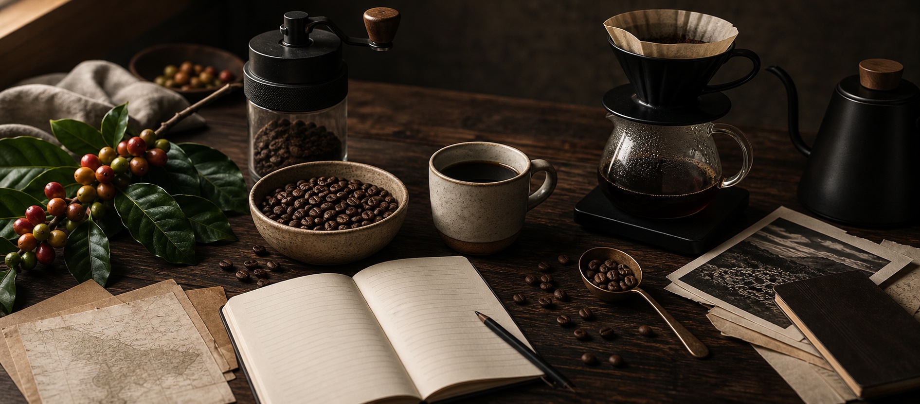 Mesa editorial con café de especialidad, libreta de cata, dripper, granos y rama de cafeto