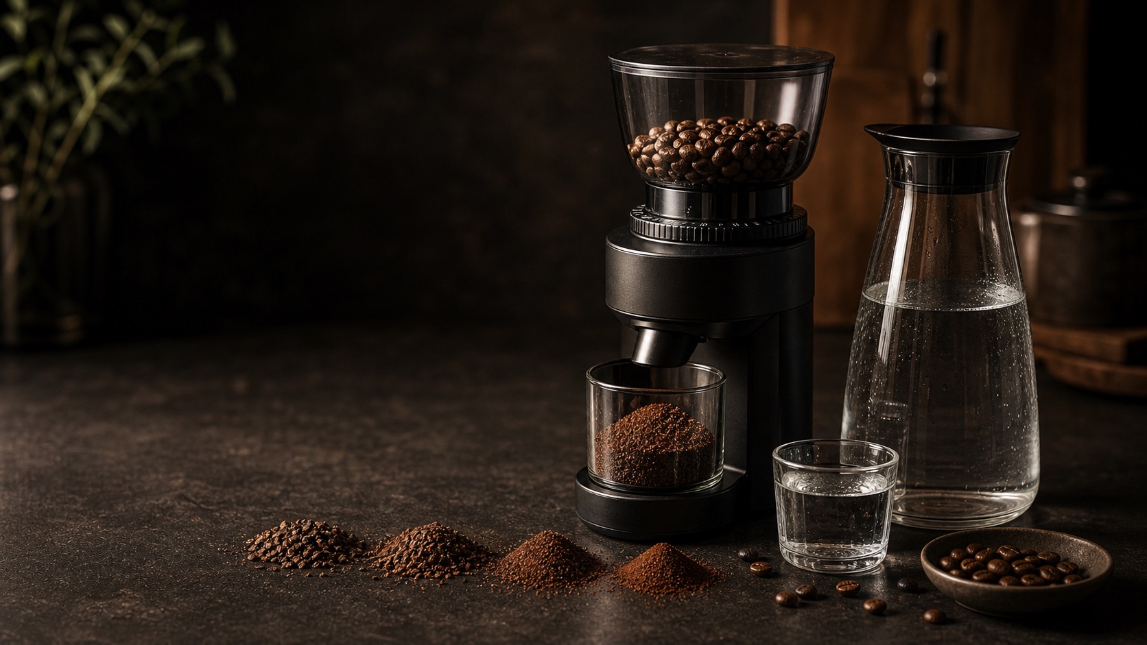 Molinillo de muelas con café molido junto a una jarra de agua filtrada