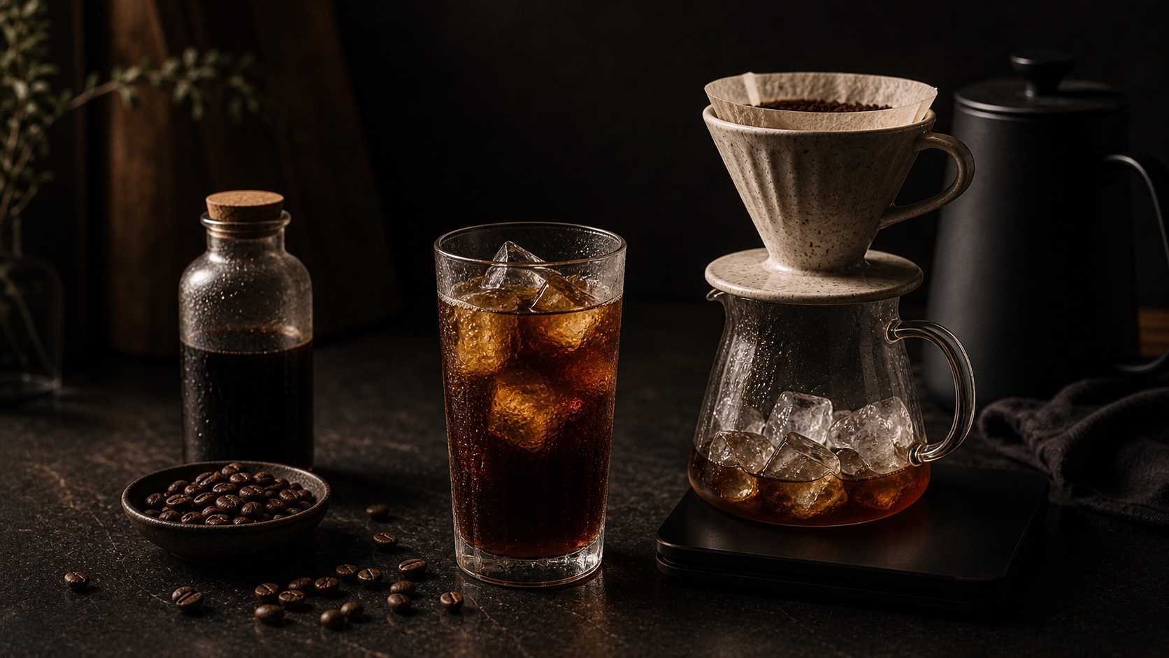 Vaso con café frío sobre hielo junto a un dripper V60