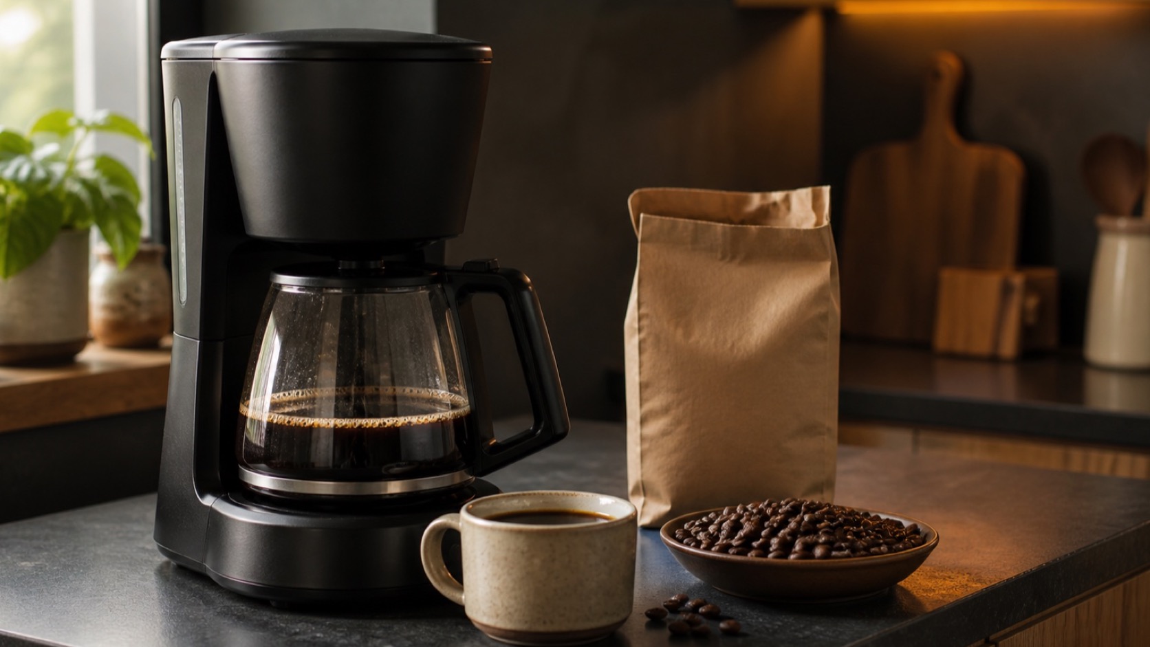 Cafetera de goteo doméstica junto a una bolsa de café de especialidad recién abierta