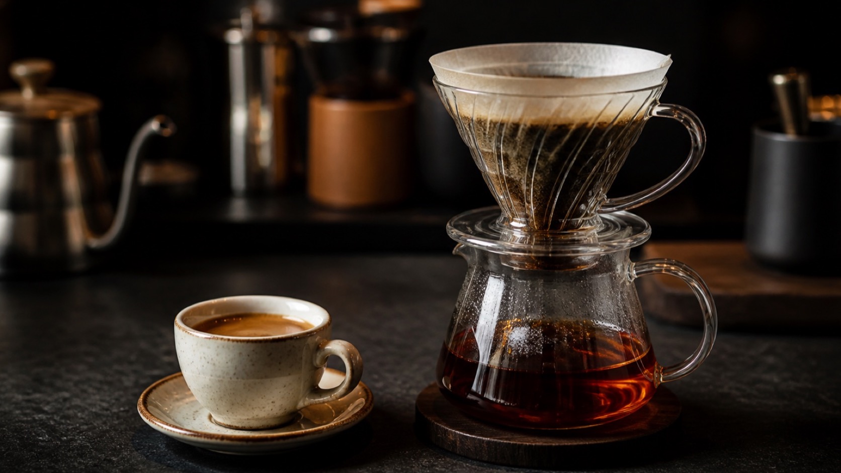 Taza de espresso con crema junto a una V60 con café filtrado, comparando ambos métodos