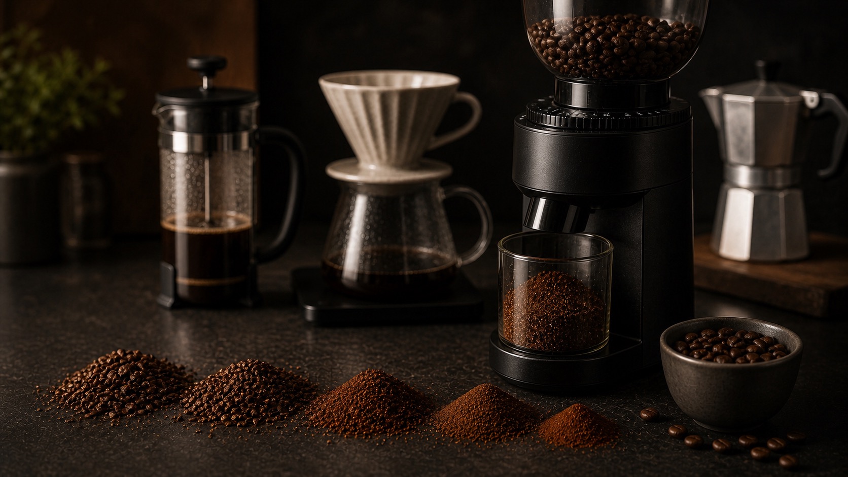 Molinillo de muelas manual con distintos montones de café molido de diferente grosor