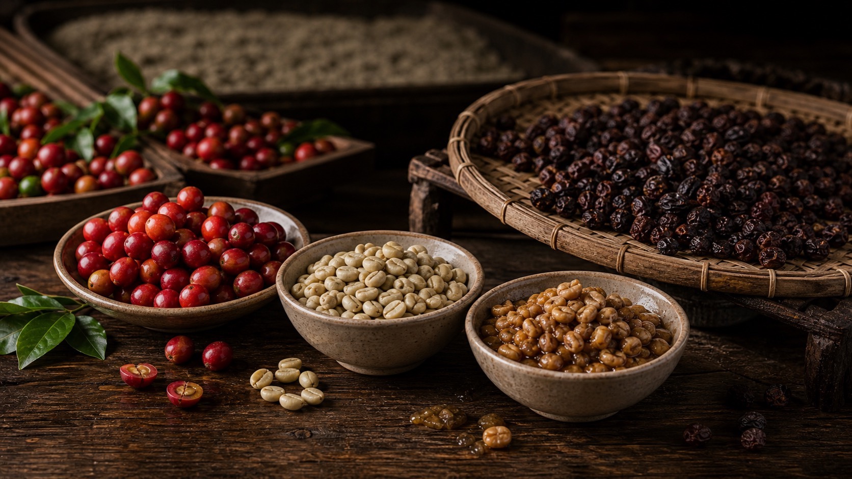 Cerezas de café en distintos estados de secado, lavado y natural, sobre una mesa de madera