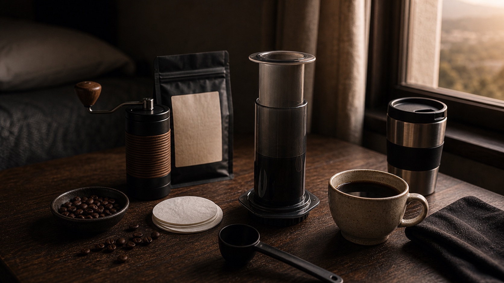 AeroPress sobre taza junto a una ventana con luz de mañana en verano