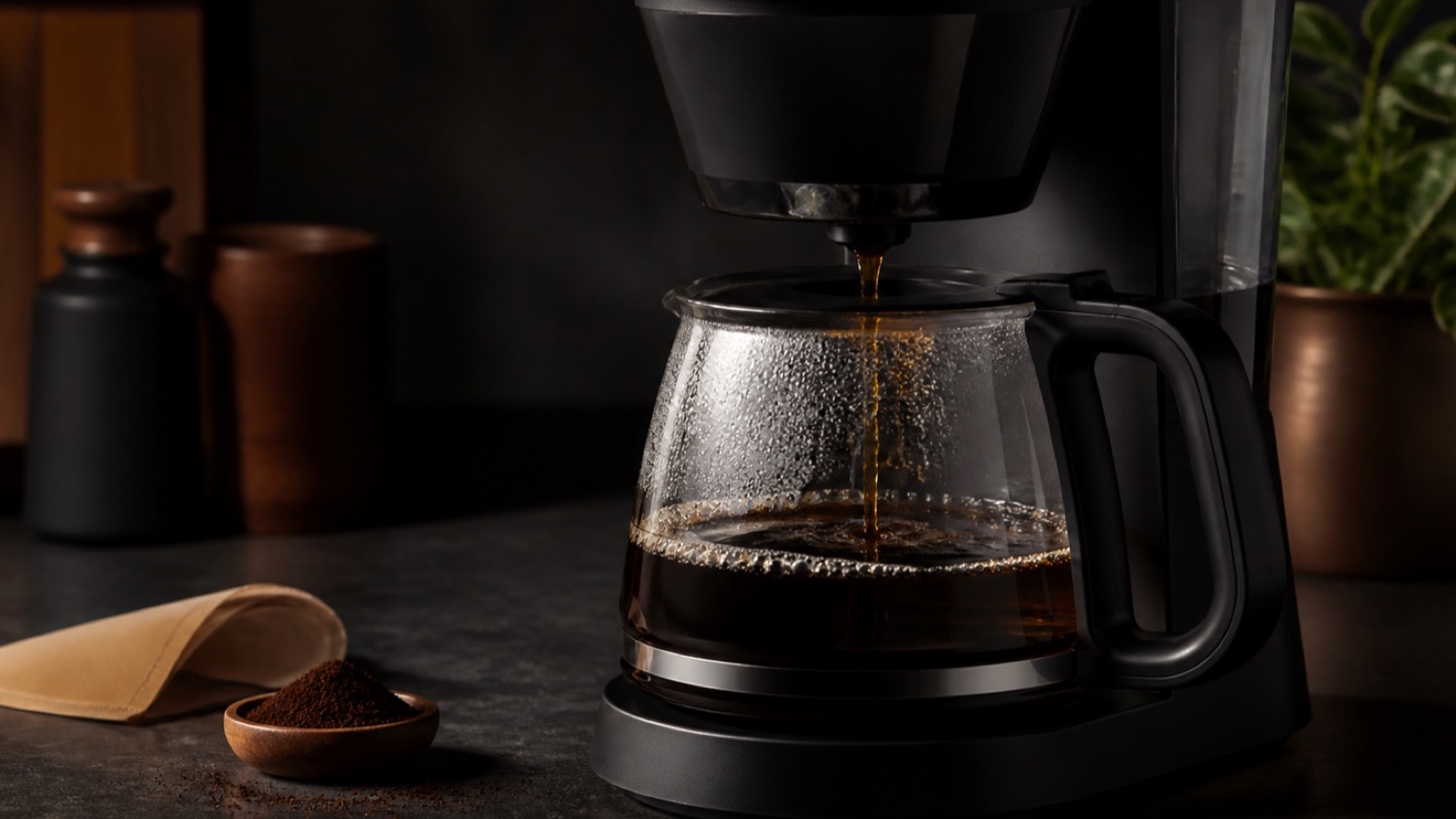 Cafetera de goteo automática vertiendo café filtrado sobre una jarra de cristal
