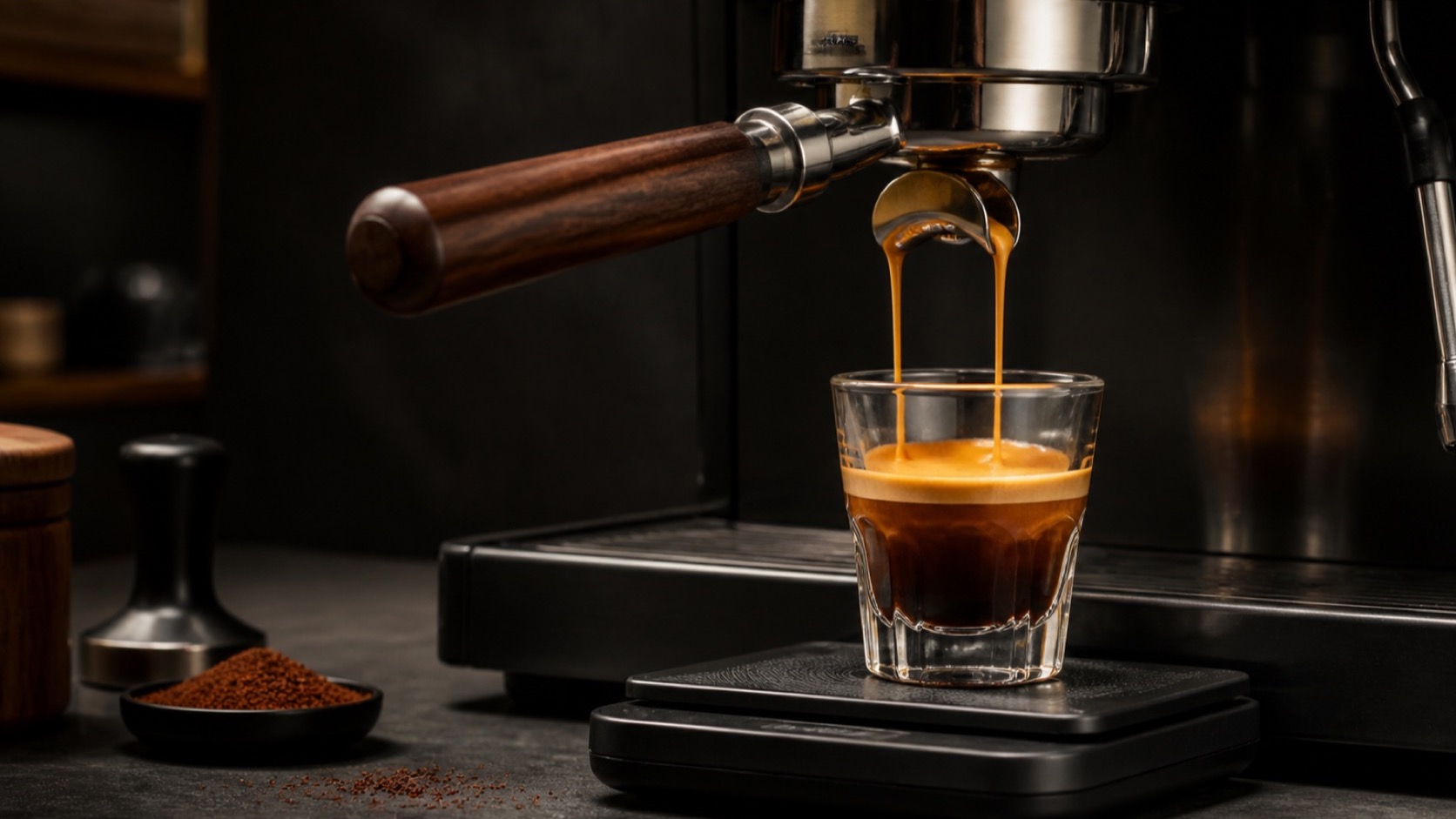 Portafiltro extrayendo un espresso con crema dorada sobre una báscula de cocina