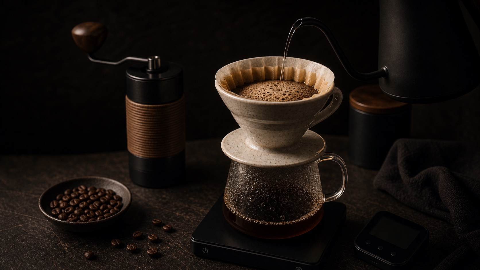 Dripper V60 sobre taza con vertido de agua en espiral