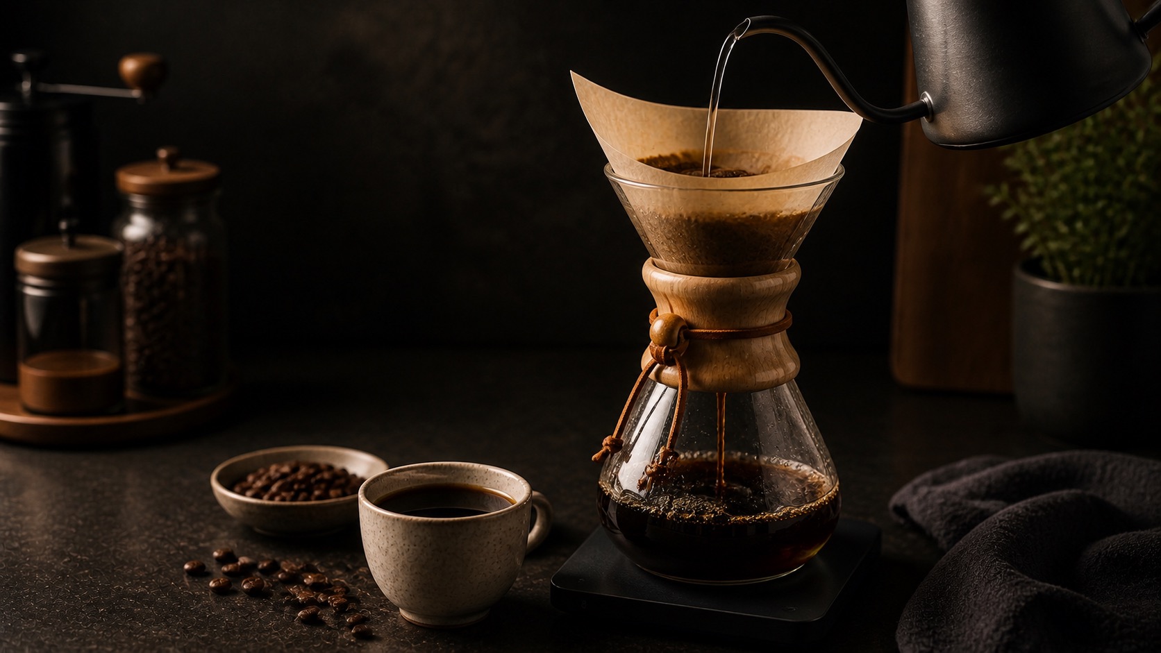 Chemex de cristal con filtro de papel durante un vertido en espiral