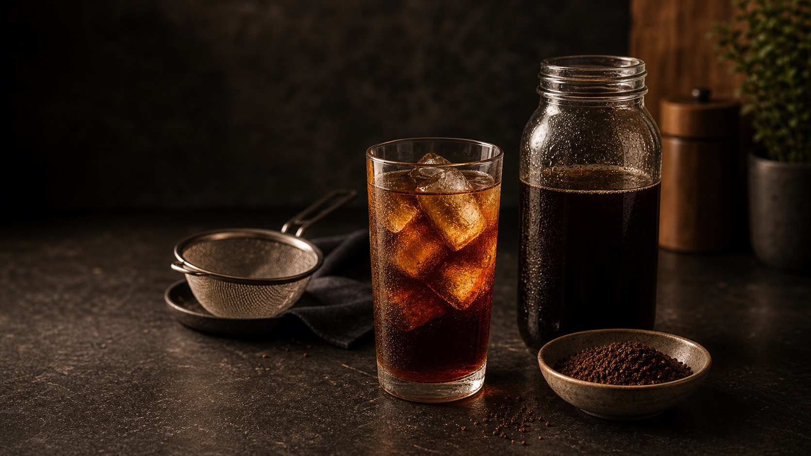 Jarra de cold brew con hielo y café molido grueso junto a un colador