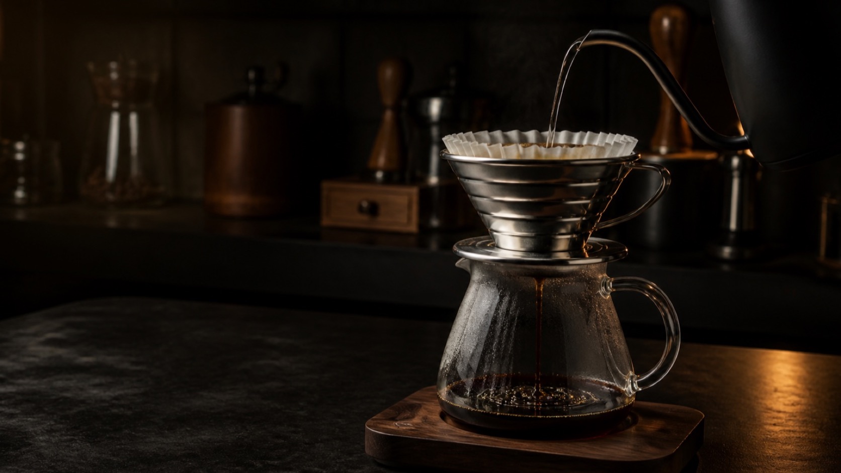 Kalita Wave con filtro ondulado preparando café por goteo