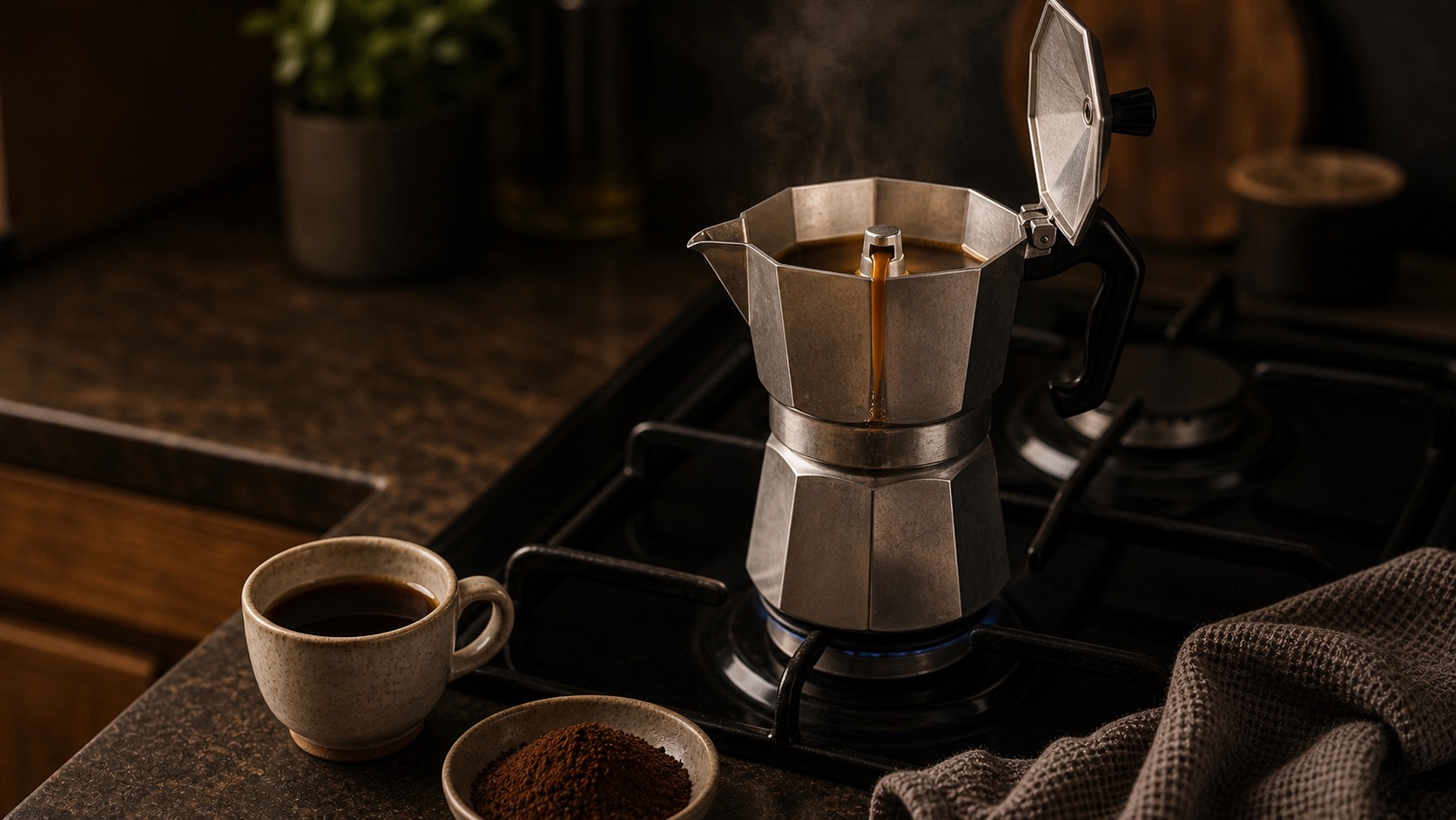 Cafetera moka italiana sobre el fuego con vapor saliendo, junto a una taza pequeña de café
