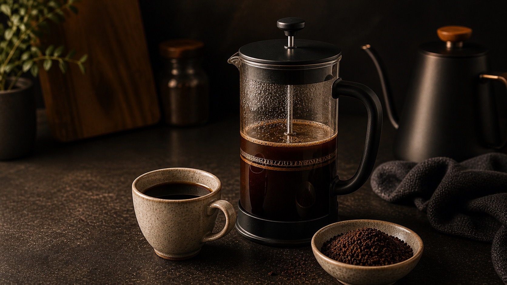 Prensa francesa con émbolo a medio bajar y café recién preparado dentro