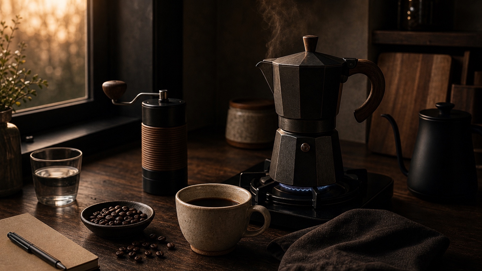 Cafetera moka sobre fogón con taza de café junto a la ventana de mañana