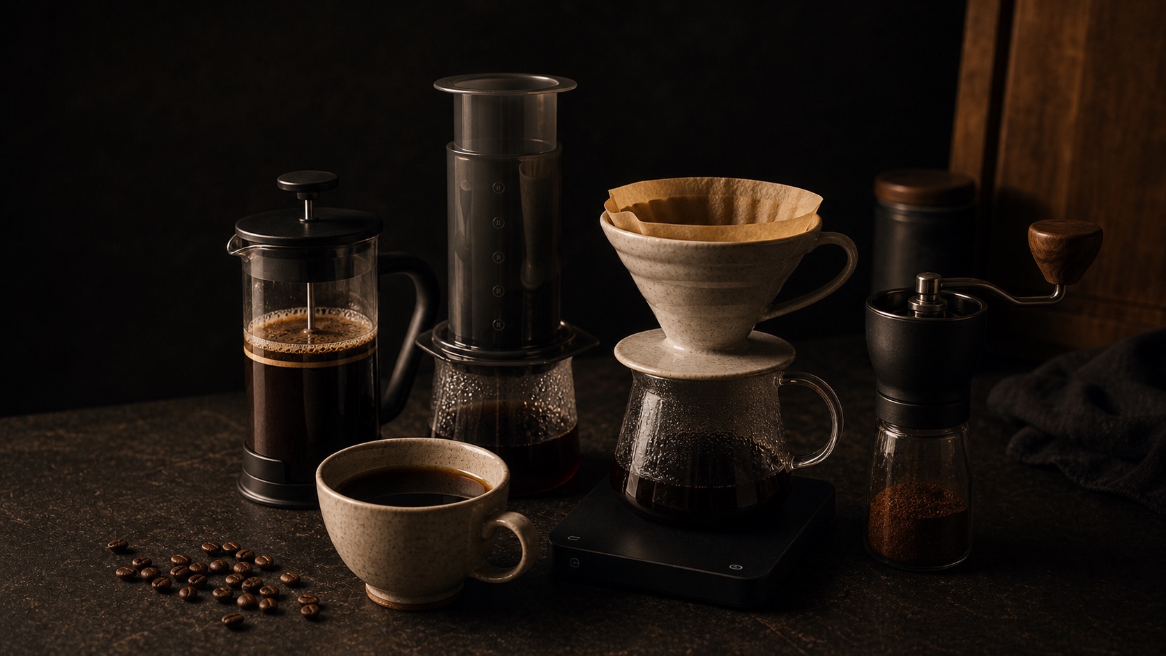 AeroPress, prensa francesa y V60 sobre una mesa de madera