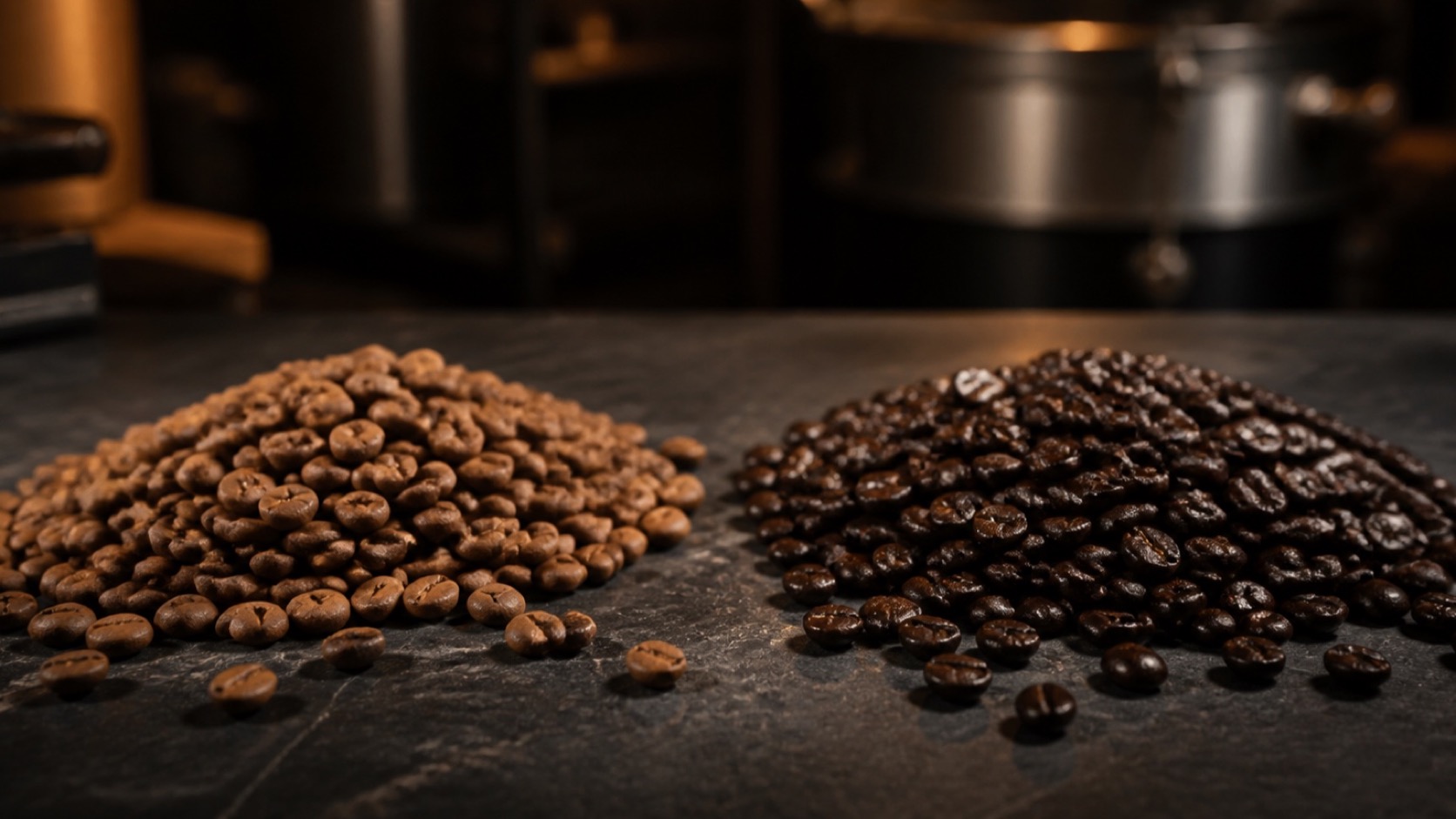Granos de café comparando tueste claro y tueste oscuro
